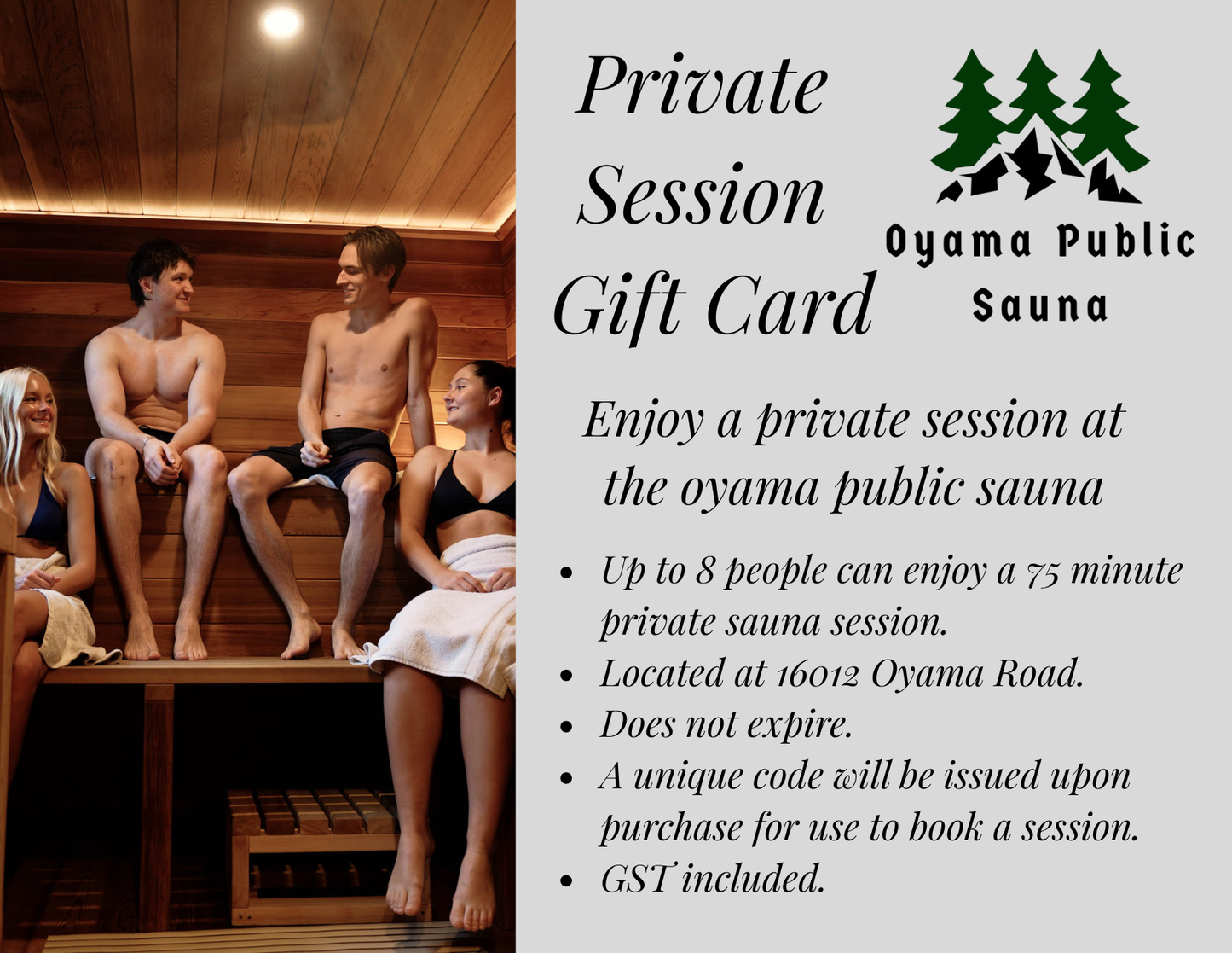 Private Sauna Session Gift Card – Oyama Public Sauna
