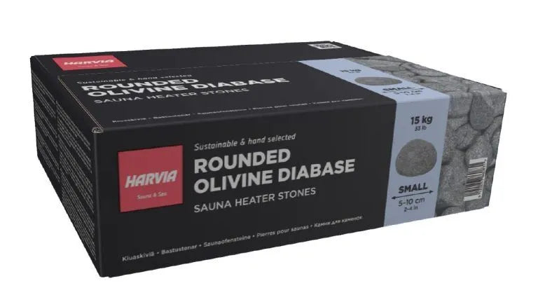 Box of Harvia Rounded Olivine Diabase sauna heater stones